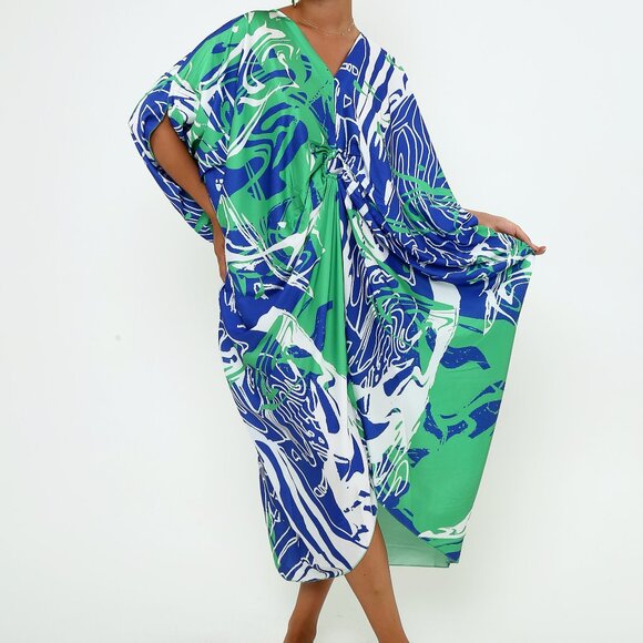 Women's Ocean Breeze Abstract Print Silk Kaftan Dresses One Size - Picture 1 of 5